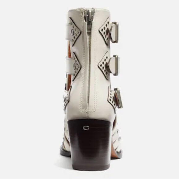 Coach Pheobe White Leather Buckle Cut Rockstud Pointy-Toe Bootie Boots 8 - Picture 4 of 10